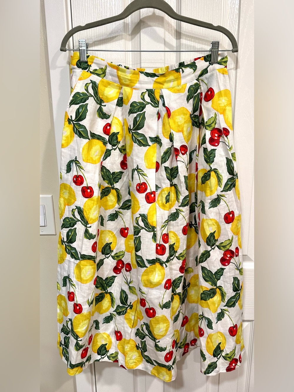 Boden White A-Line Skirt with Yellow Lemon and Red Cherry Print